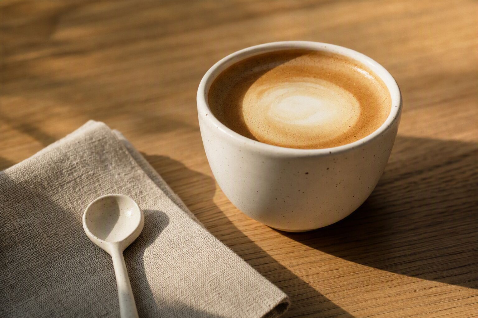 Stacked ceramic coffee cups beside the espresso machine at LUMA