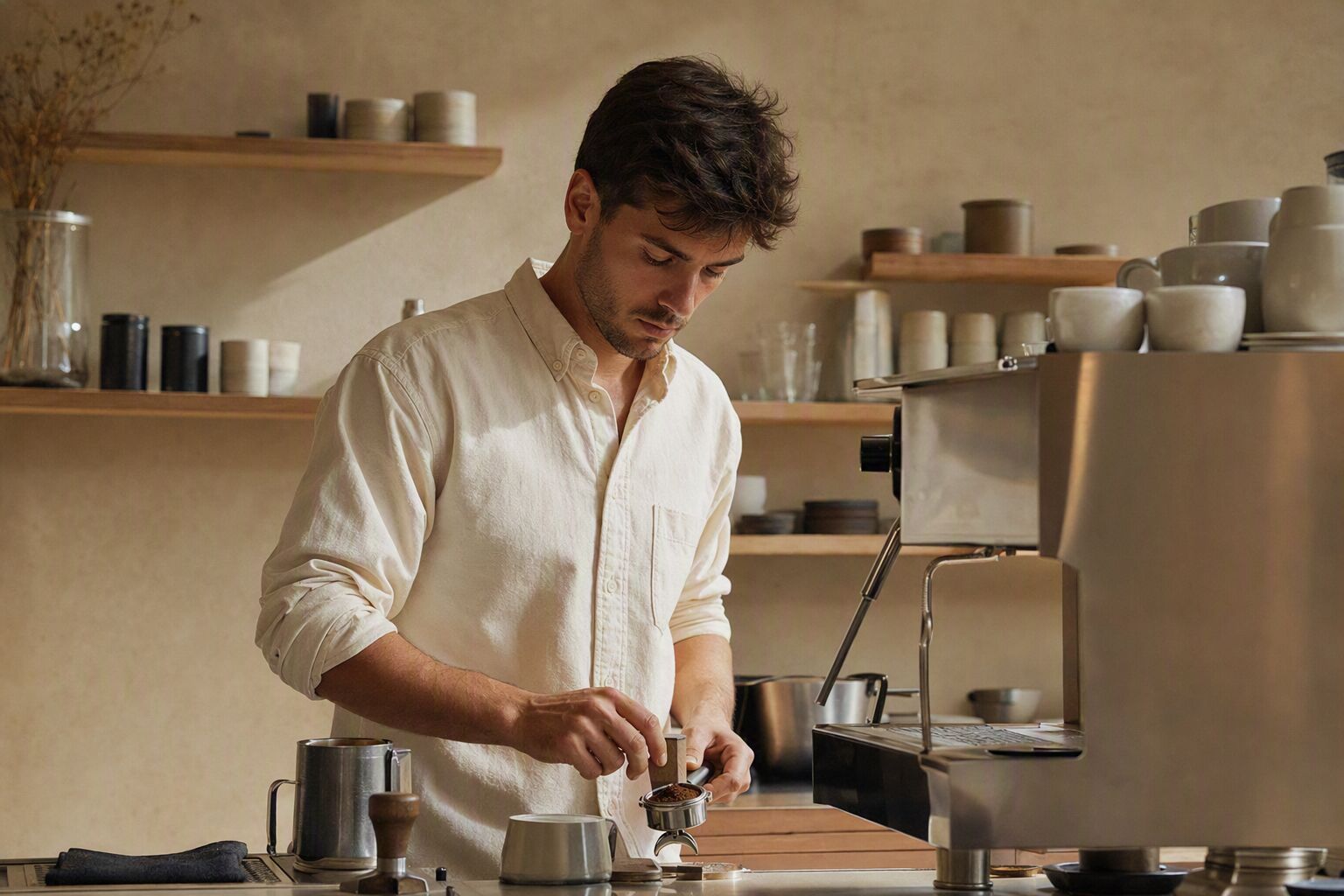 A LUMA barista carefully preparing an espresso shot behind the counter
