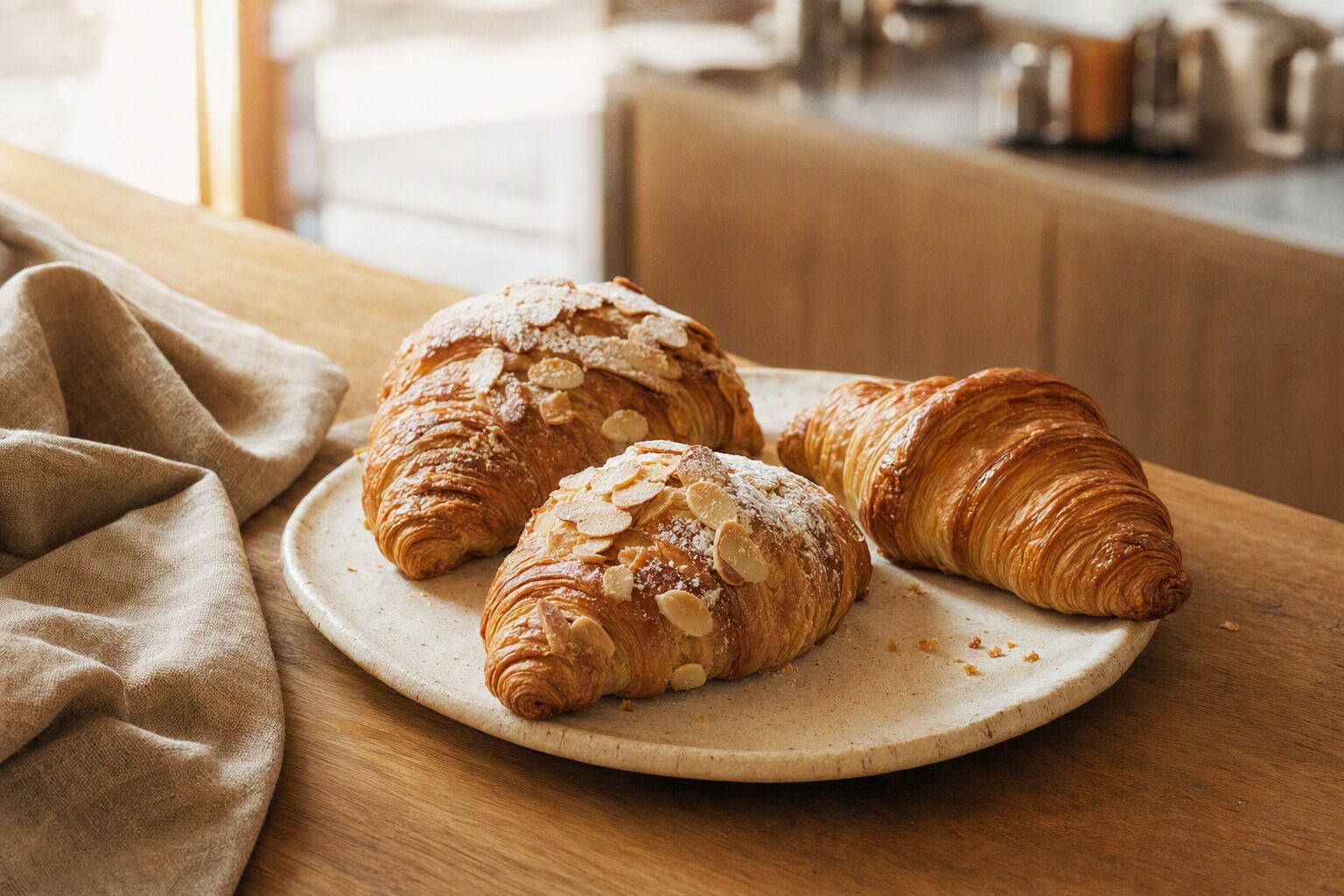 Butter croissant and almond croissants dusted with powdered sugar on a ceramic plate