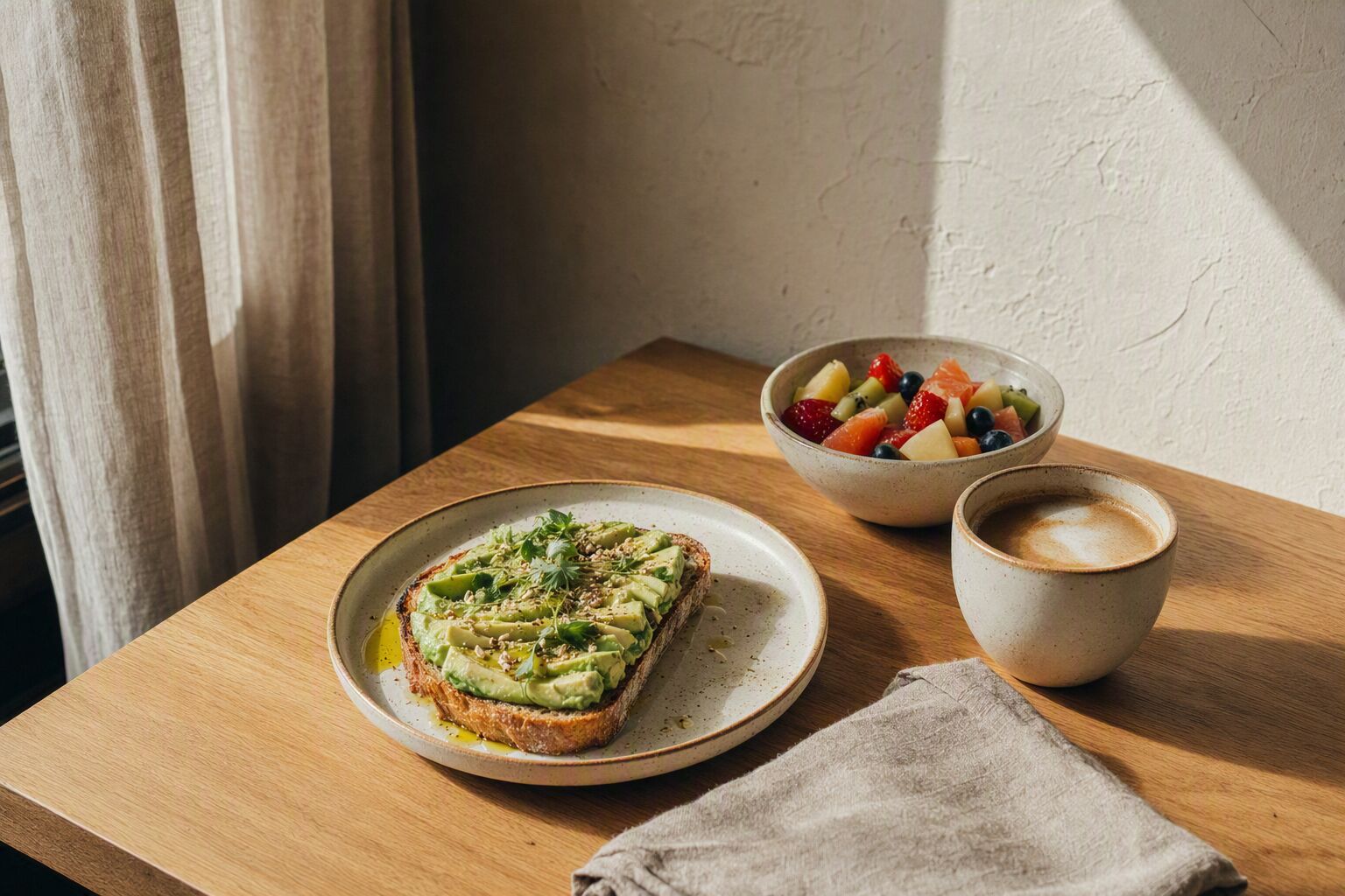 Avocado sourdough toast and a bowl of seasonal fruit served with coffee at LUMA