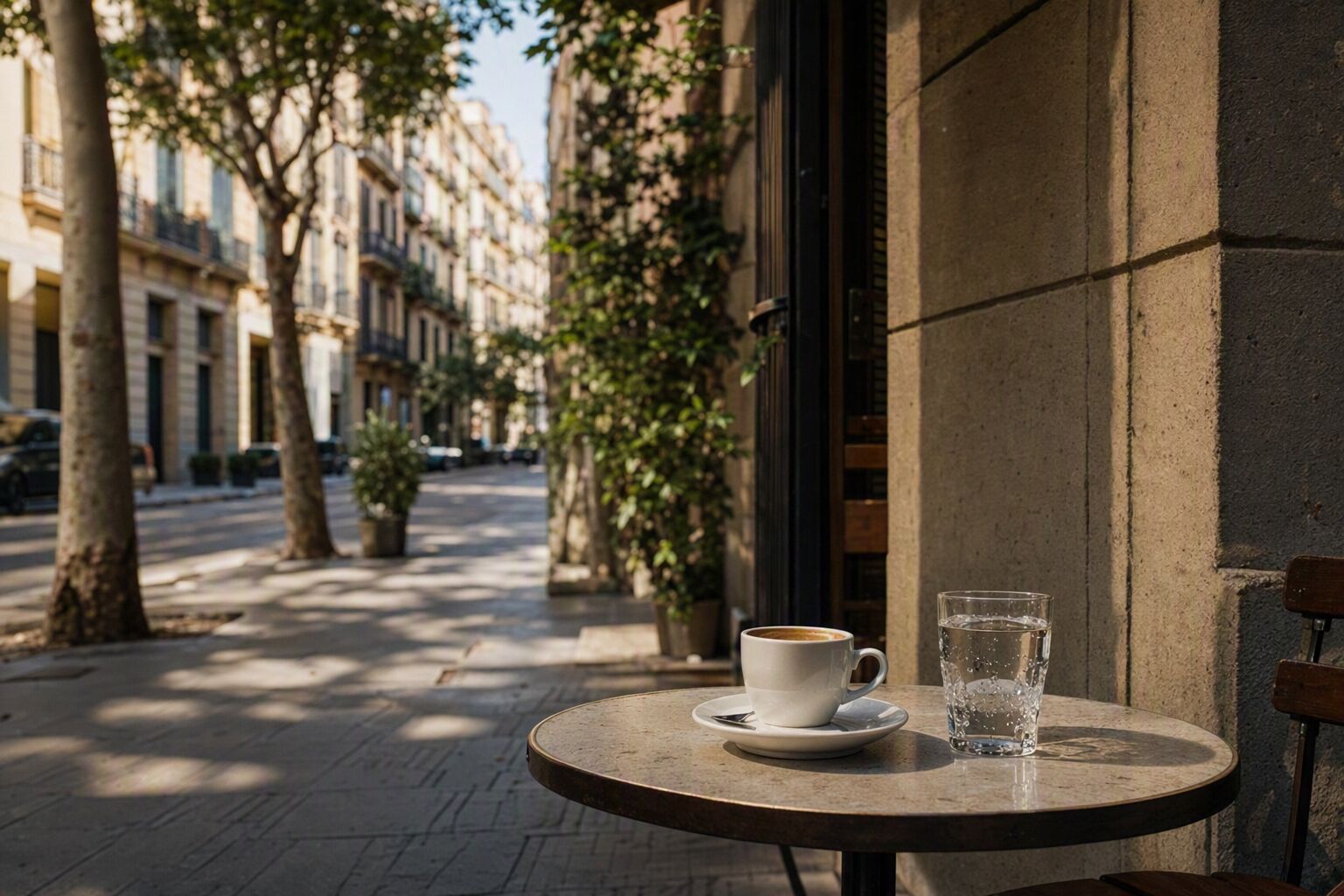 A quiet evening street table outside a Barcelona café with an espresso and a glass of water