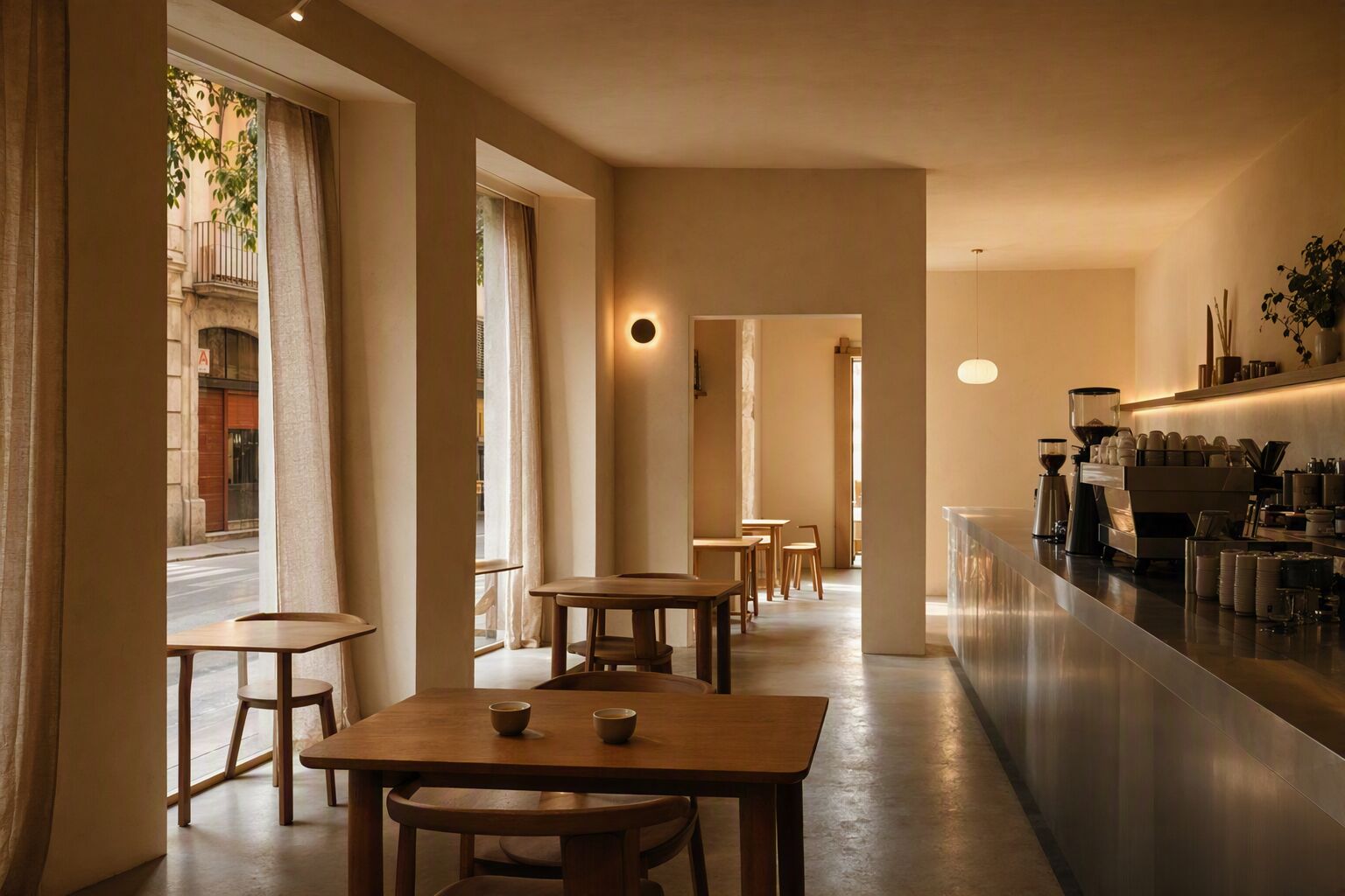 Interior seating area at LUMA Coffee with oak tables and soft daylight through linen curtains